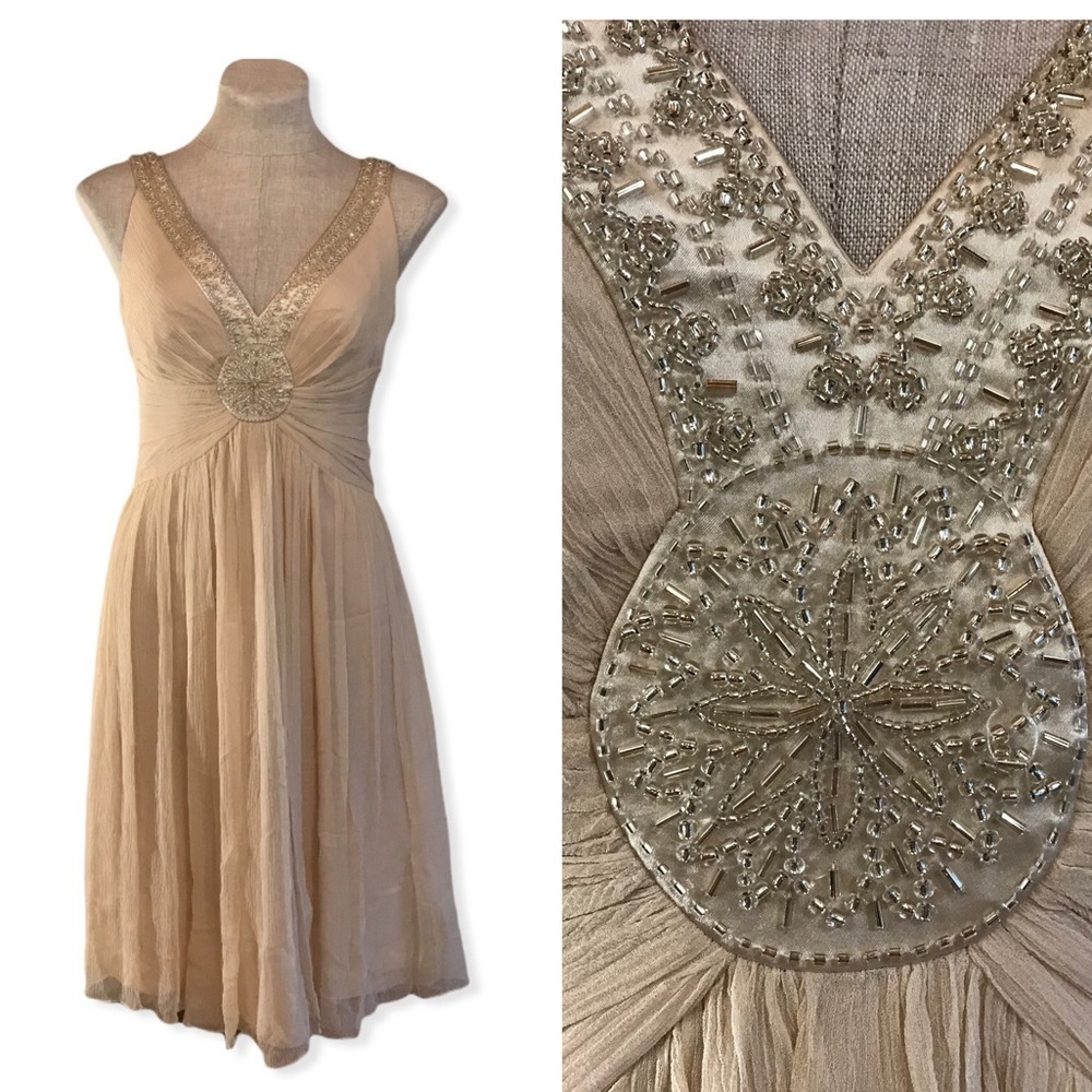 Vintage 90s Women’s Sparkly Beaded Crepe Silk Dress Cream Ecru Size XS/S 1920s